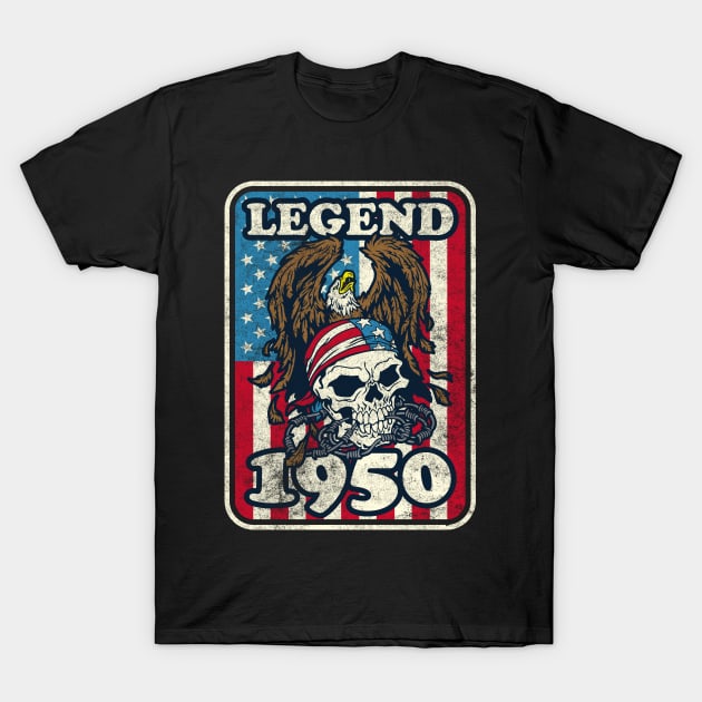 1950 Birthday Legend Bald Eagle Skull USA Flag T-Shirt by RadStar